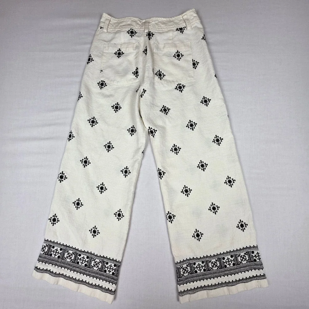 Elie Tahari Linen Blend Wide Leg Pants Womens 4 Embroidered  White Black